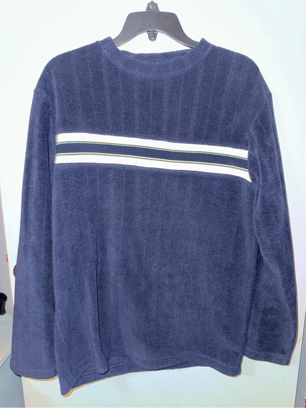 Consensus Sport Navy Crewneck Sweater with White and Dark Green Chest Stripe